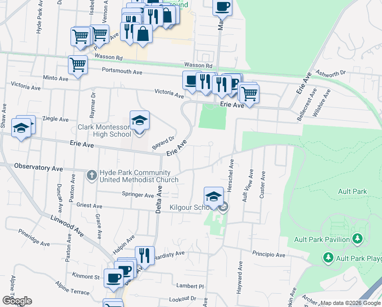 map of restaurants, bars, coffee shops, grocery stores, and more near 3445 Wellston Place in Cincinnati