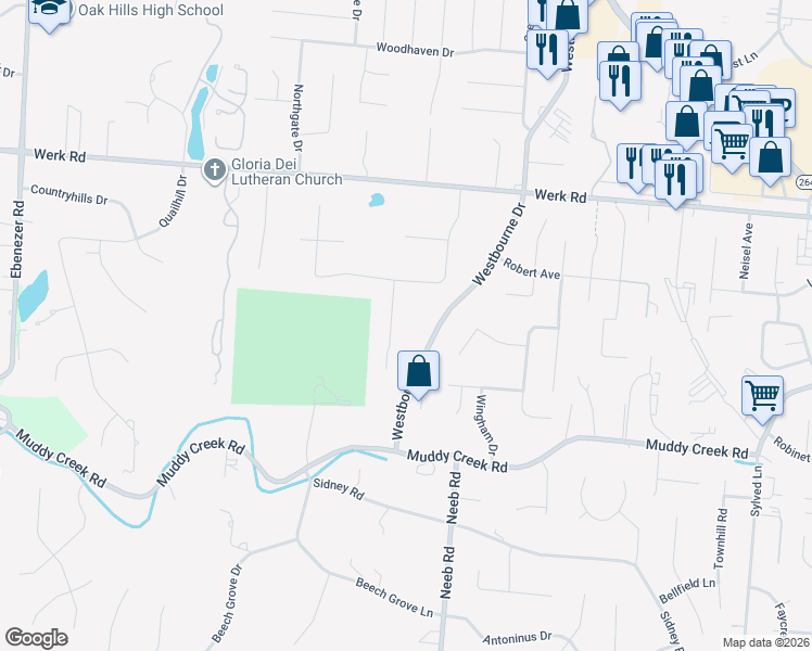 map of restaurants, bars, coffee shops, grocery stores, and more near 2849 Springwood Court in Cincinnati