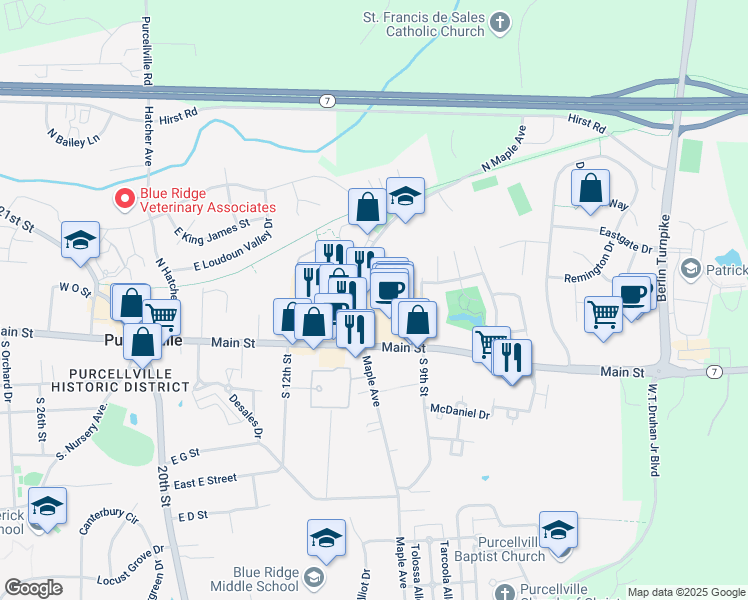 map of restaurants, bars, coffee shops, grocery stores, and more near 128 North Maple Avenue in Purcellville