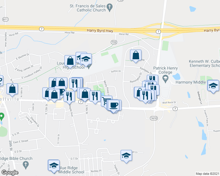map of restaurants, bars, coffee shops, grocery stores, and more near 141 Ivy Hills Terrace in Purcellville