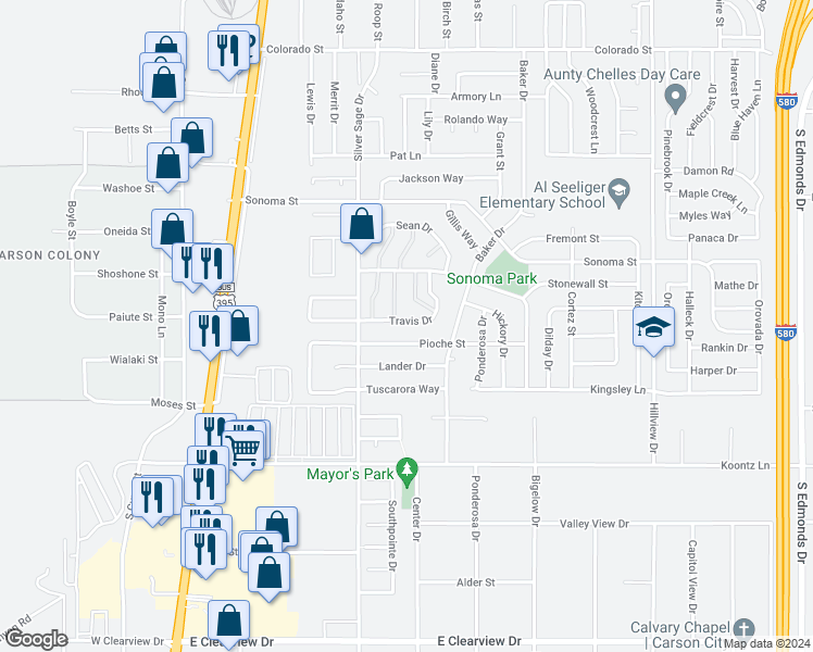 map of restaurants, bars, coffee shops, grocery stores, and more near 637 Travis Drive in Carson City