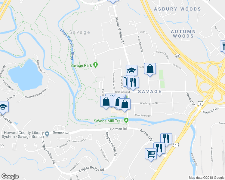 map of restaurants, bars, coffee shops, grocery stores, and more near 9104 Baltimore Street in Savage