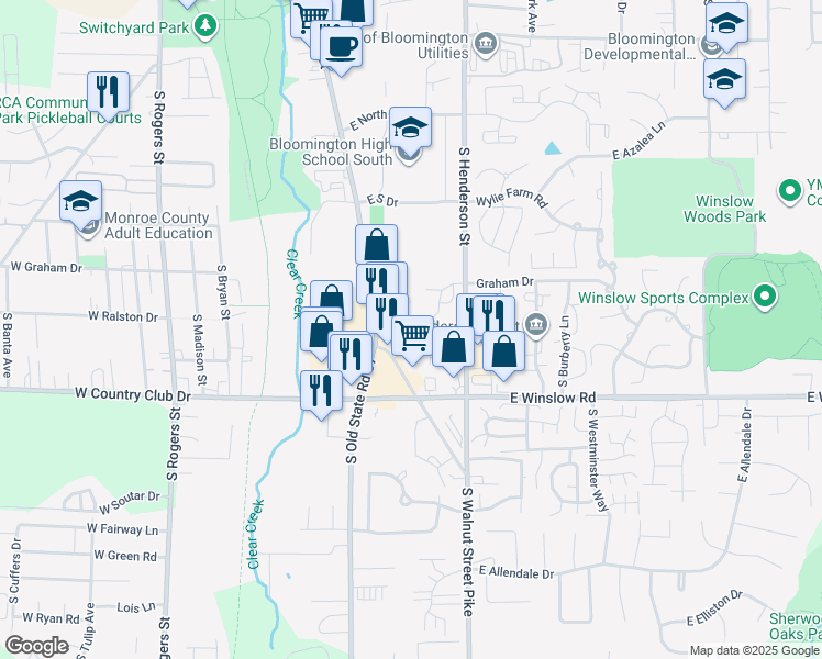map of restaurants, bars, coffee shops, grocery stores, and more near 514 East Graham Place in Bloomington