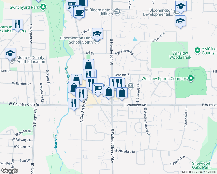 map of restaurants, bars, coffee shops, grocery stores, and more near 2350 South Henderson Street in Bloomington