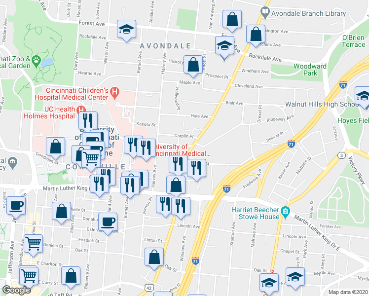 map of restaurants, bars, coffee shops, grocery stores, and more near 3215 Reading Road in Cincinnati
