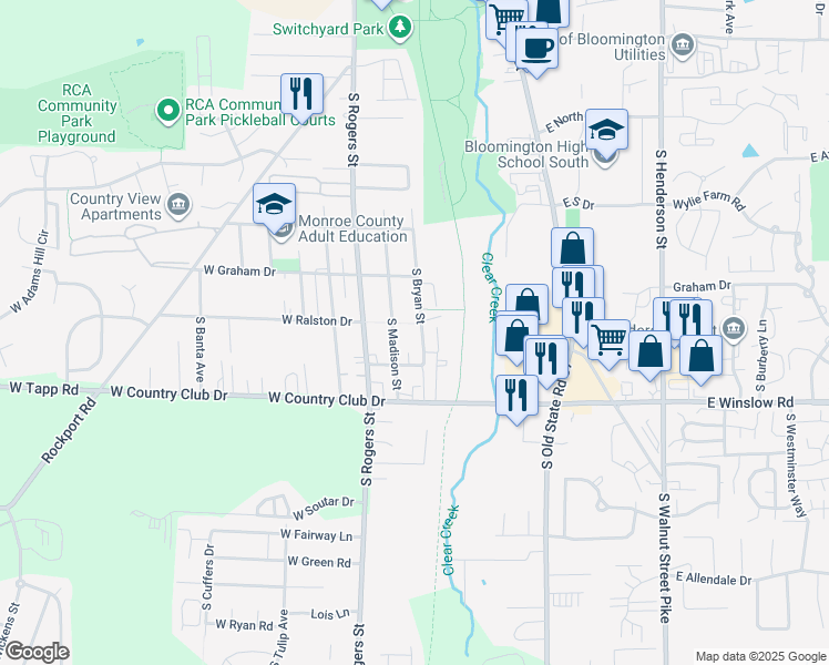 map of restaurants, bars, coffee shops, grocery stores, and more near 2602 South Bryan Street in Bloomington