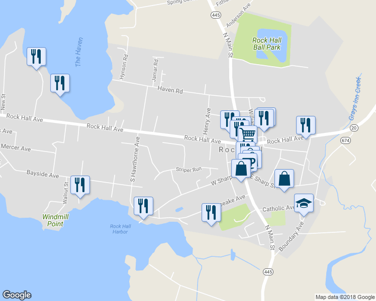 map of restaurants, bars, coffee shops, grocery stores, and more near 5821 Clam Cove in Rock Hall