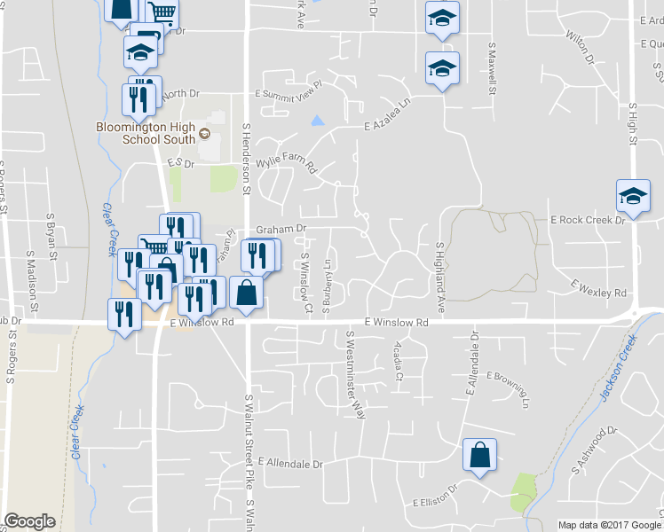 map of restaurants, bars, coffee shops, grocery stores, and more near 2371 South Burberry Lane in Bloomington