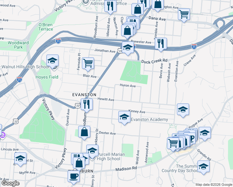 map of restaurants, bars, coffee shops, grocery stores, and more near 3317 Spokane Avenue in Cincinnati