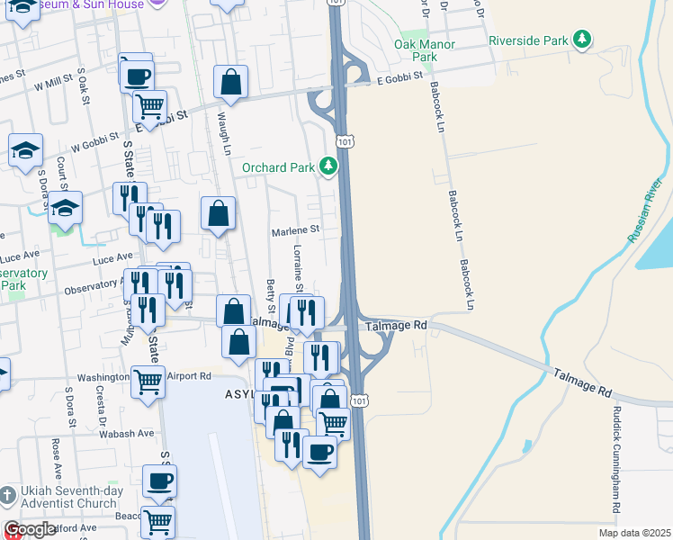 map of restaurants, bars, coffee shops, grocery stores, and more near 976 Marlene Street in Ukiah