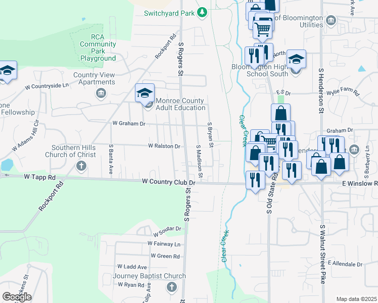 map of restaurants, bars, coffee shops, grocery stores, and more near 2609 South Rogers Street in Bloomington