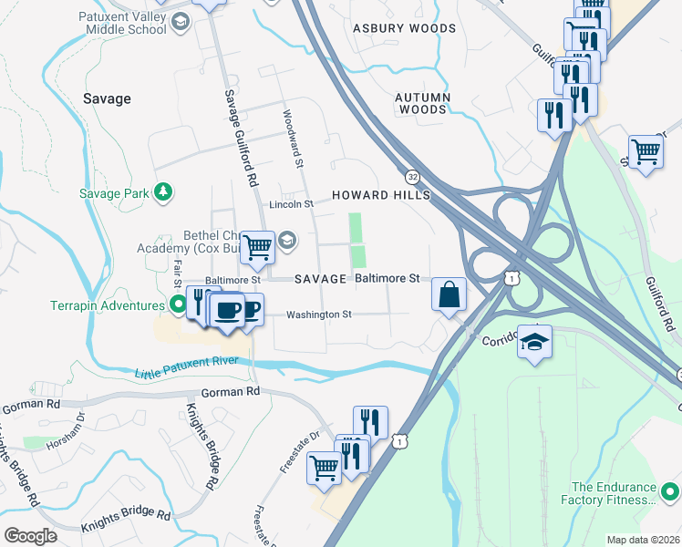 map of restaurants, bars, coffee shops, grocery stores, and more near 8868 Baltimore Street in Savage