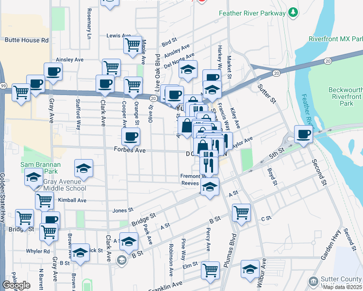 map of restaurants, bars, coffee shops, grocery stores, and more near 751 Almond Street in Yuba City