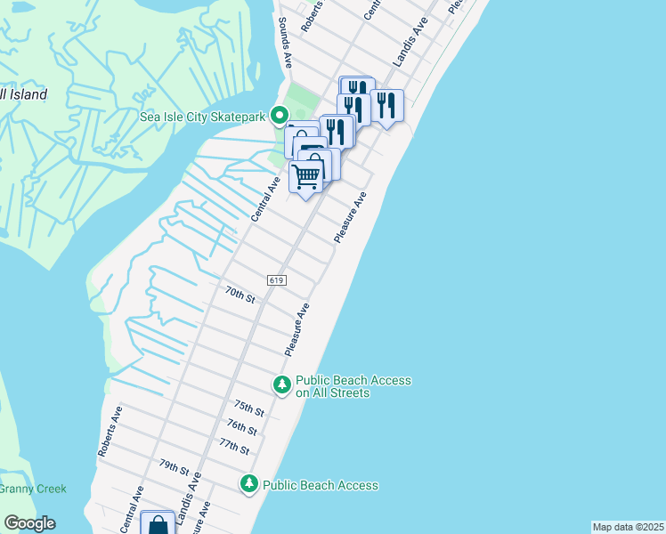 map of restaurants, bars, coffee shops, grocery stores, and more near 8 66th Street in Sea Isle City