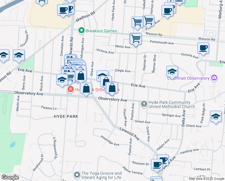 map of restaurants, bars, coffee shops, grocery stores, and more near 3422 Monteith Avenue in Cincinnati