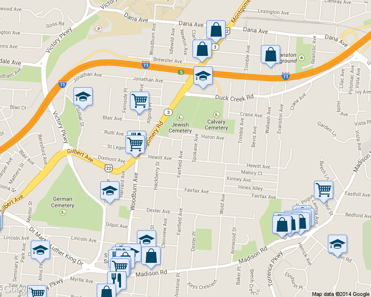 map of restaurants, bars, coffee shops, grocery stores, and more near 3317 Spokane Avenue in Cincinnati
