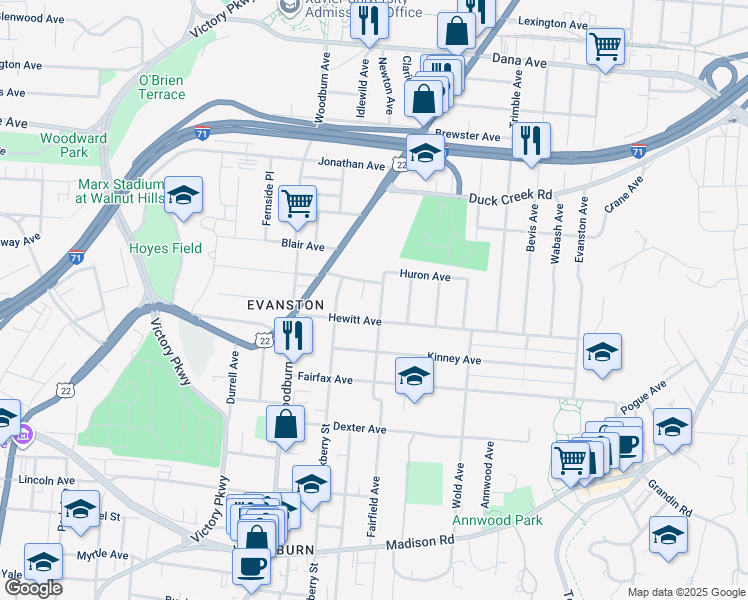 map of restaurants, bars, coffee shops, grocery stores, and more near 3320 Holloway Court in Cincinnati