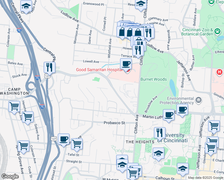 map of restaurants, bars, coffee shops, grocery stores, and more near 3110 Riddle View Lane in Cincinnati