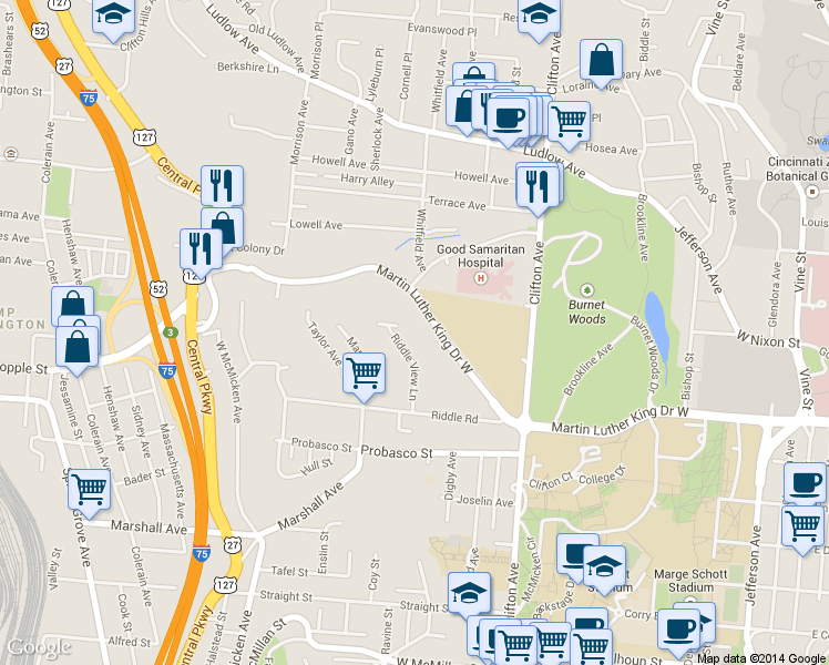 map of restaurants, bars, coffee shops, grocery stores, and more near 3124 Riddle View Lane in Cincinnati
