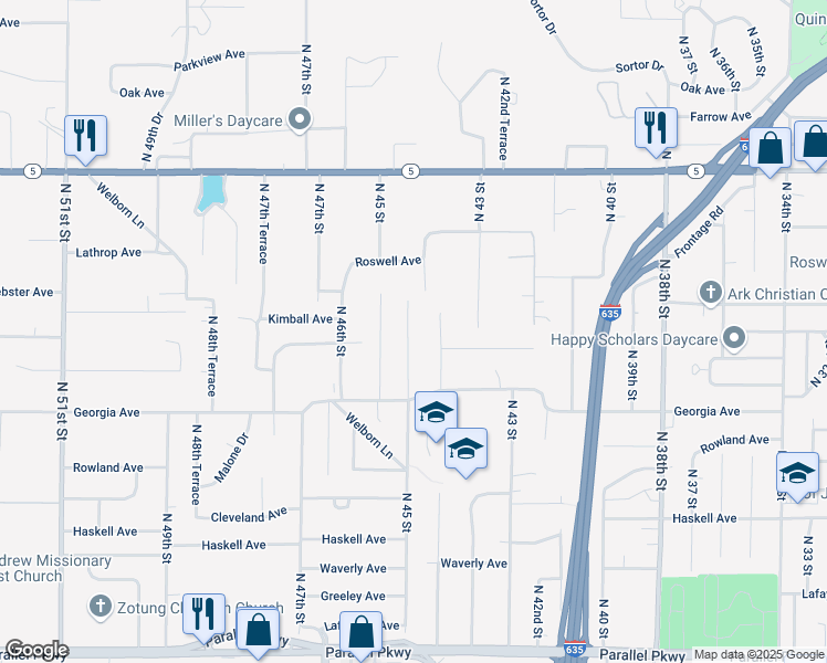 map of restaurants, bars, coffee shops, grocery stores, and more near 2809 North 45 Street in Kansas City