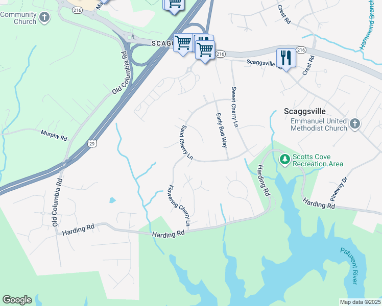 map of restaurants, bars, coffee shops, grocery stores, and more near 8391 Sand Cherry Lane in Laurel