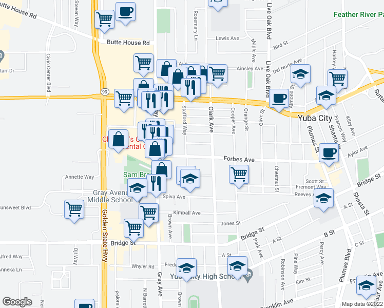 map of restaurants, bars, coffee shops, grocery stores, and more near 823 Forbes Avenue in Yuba City