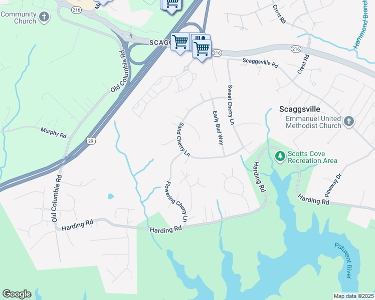 map of restaurants, bars, coffee shops, grocery stores, and more near 8391 Sand Cherry Lane in Laurel