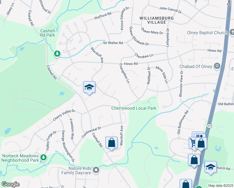 map of restaurants, bars, coffee shops, grocery stores, and more near 4108 Horatio Court in Olney