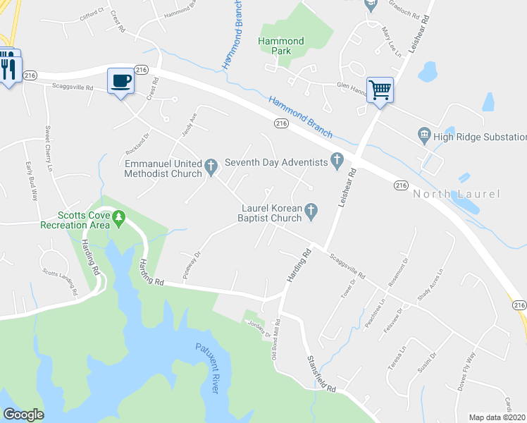 map of restaurants, bars, coffee shops, grocery stores, and more near 10670 Scaggsville Road in Laurel