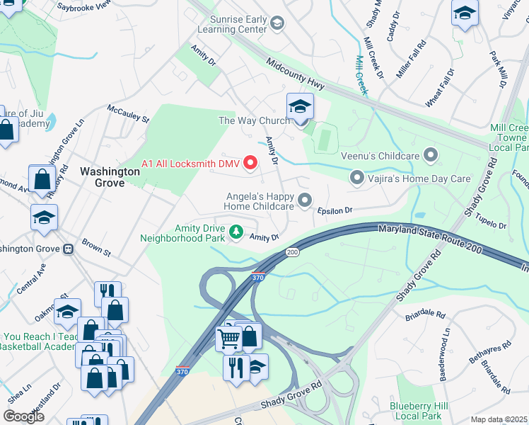 map of restaurants, bars, coffee shops, grocery stores, and more near 7912 Bounding Bend Court in Rockville