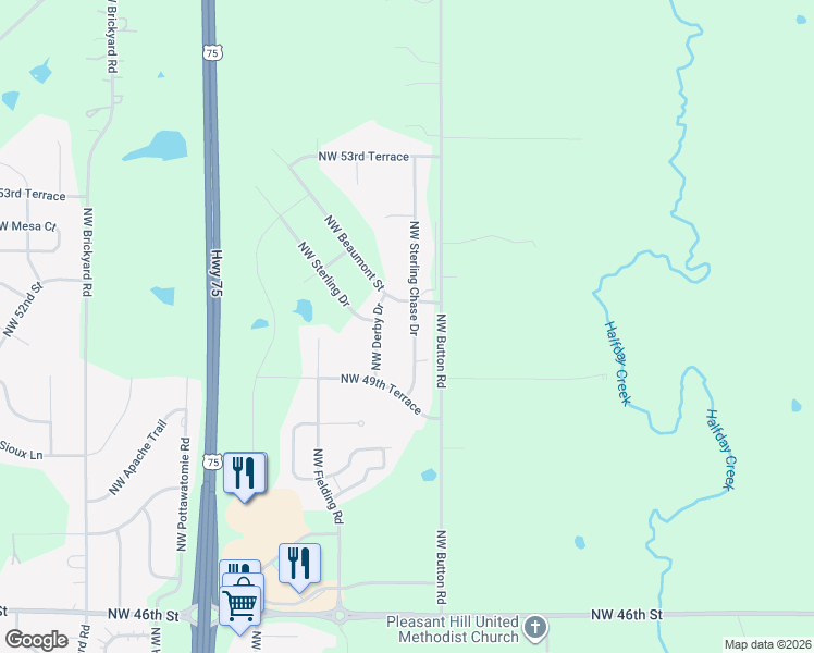 map of restaurants, bars, coffee shops, grocery stores, and more near 5035 Northwest Sterling Chase Drive in Topeka