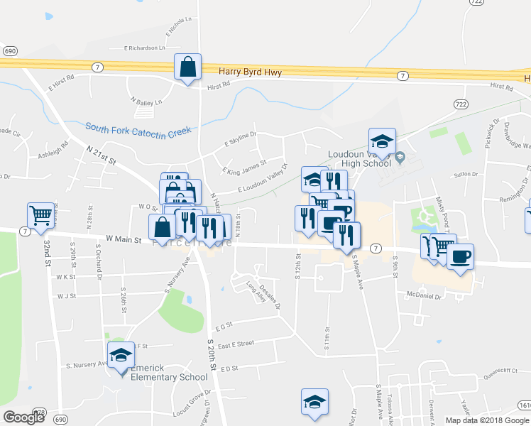 map of restaurants, bars, coffee shops, grocery stores, and more near 110 North 16th Street in Purcellville