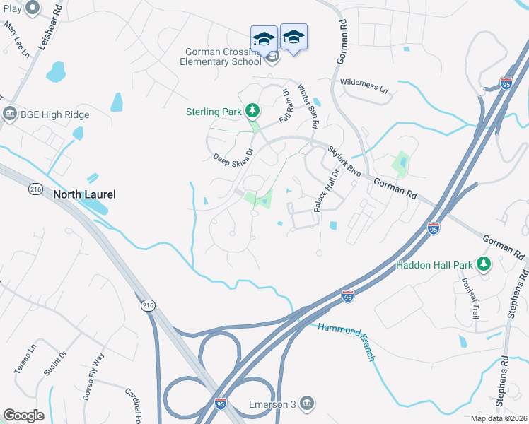 map of restaurants, bars, coffee shops, grocery stores, and more near 8634 Eastern Morning Run in Laurel