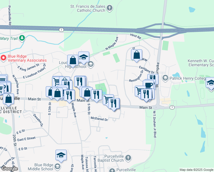 map of restaurants, bars, coffee shops, grocery stores, and more near 123 Misty Pond Terrace in Purcellville
