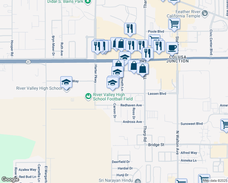 map of restaurants, bars, coffee shops, grocery stores, and more near 1895 Lassen Boulevard in Yuba City