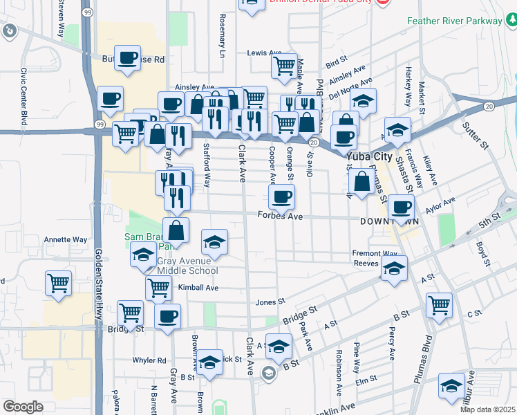 map of restaurants, bars, coffee shops, grocery stores, and more near 840 Cooper Avenue in Yuba City