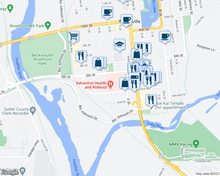 map of restaurants, bars, coffee shops, grocery stores, and more near 726 4th Street in Marysville