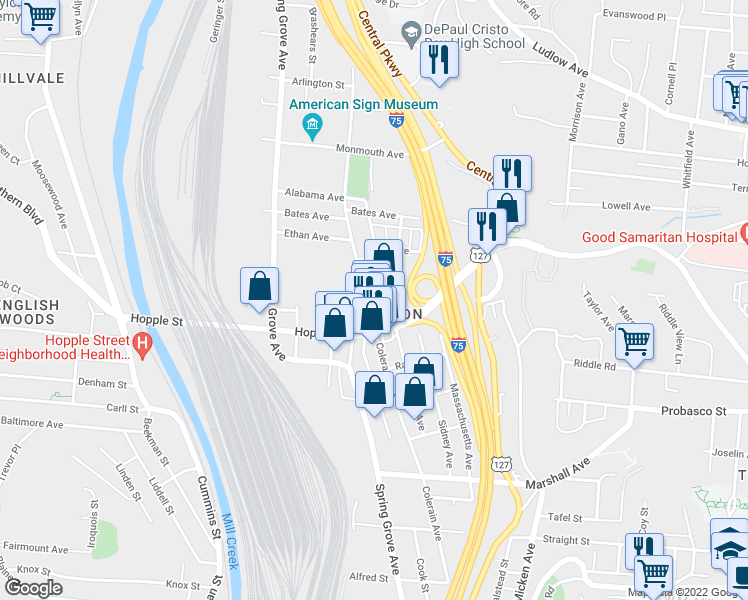 map of restaurants, bars, coffee shops, grocery stores, and more near in Cincinnati