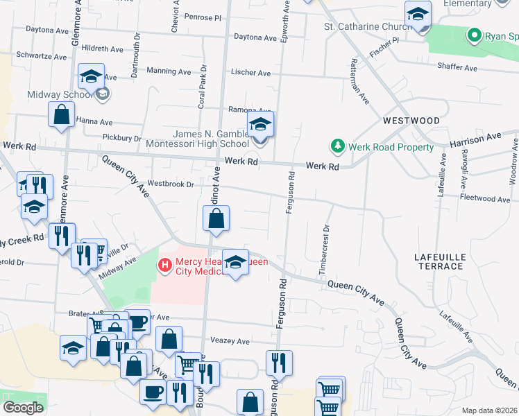 map of restaurants, bars, coffee shops, grocery stores, and more near 3005 Sandra Place in Cincinnati
