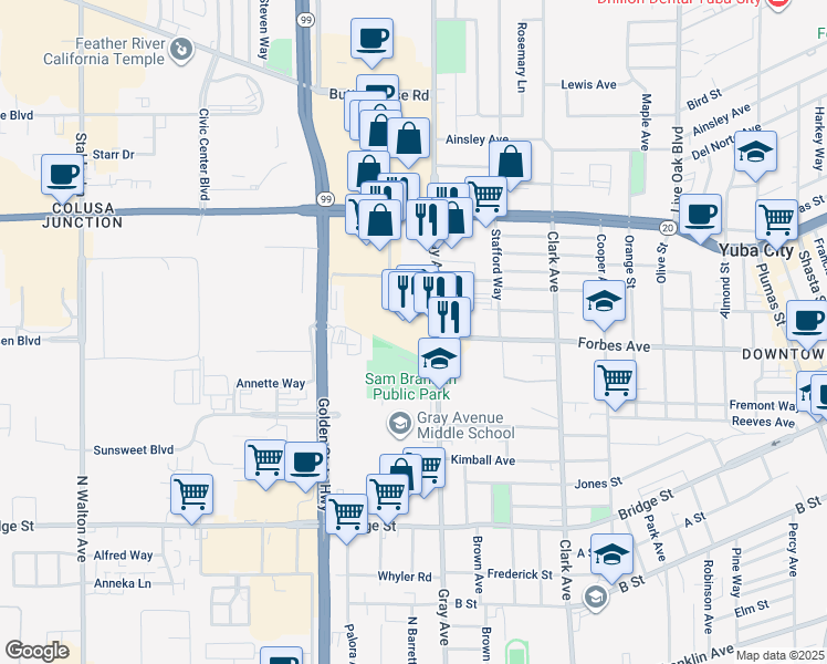 map of restaurants, bars, coffee shops, grocery stores, and more near 812 Gray Avenue in Yuba City