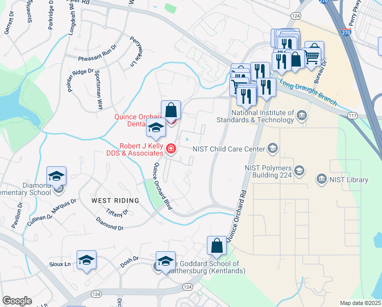 map of restaurants, bars, coffee shops, grocery stores, and more near 814 Quince Orchard Boulevard in Gaithersburg