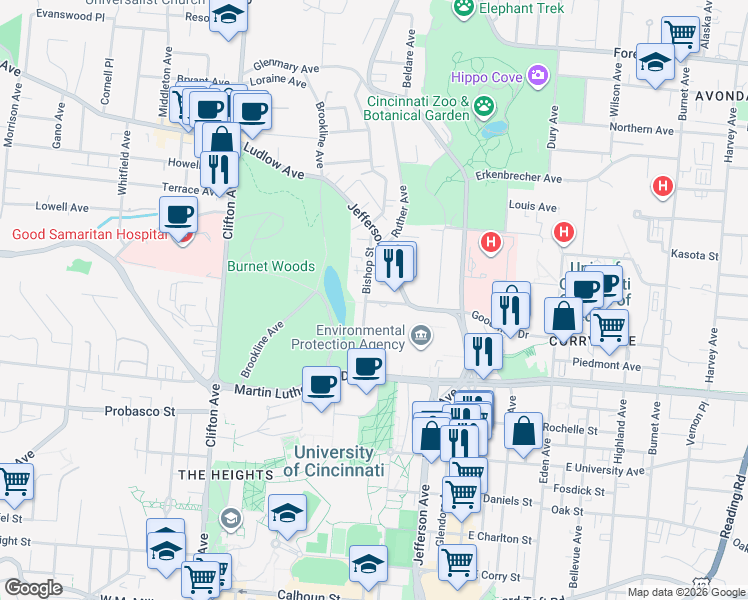map of restaurants, bars, coffee shops, grocery stores, and more near 128 West Nixon Street in Cincinnati