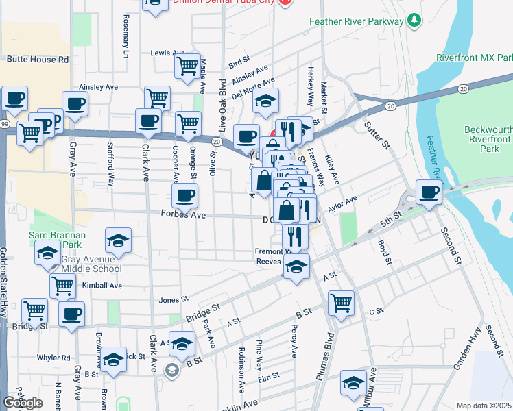 map of restaurants, bars, coffee shops, grocery stores, and more near 751 Almond Street in Yuba City