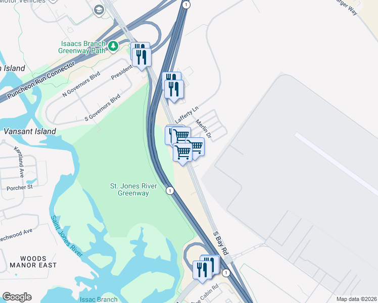 map of restaurants, bars, coffee shops, grocery stores, and more near 1171 South Bay Road in Dover