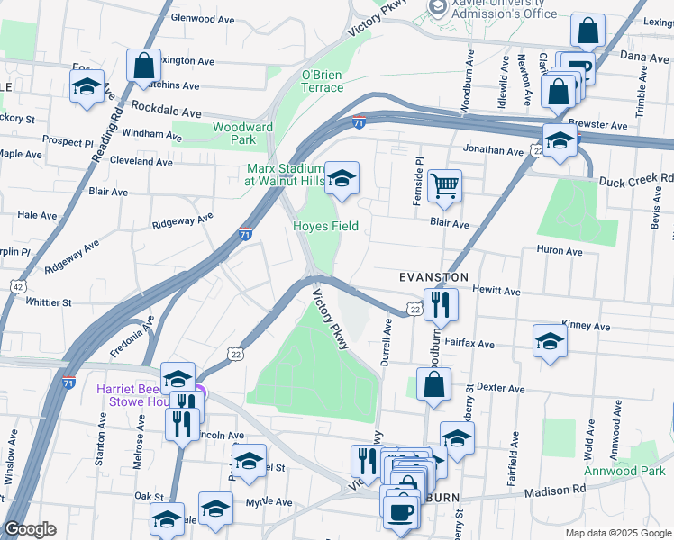 map of restaurants, bars, coffee shops, grocery stores, and more near 1484 Dixmont Avenue in Cincinnati