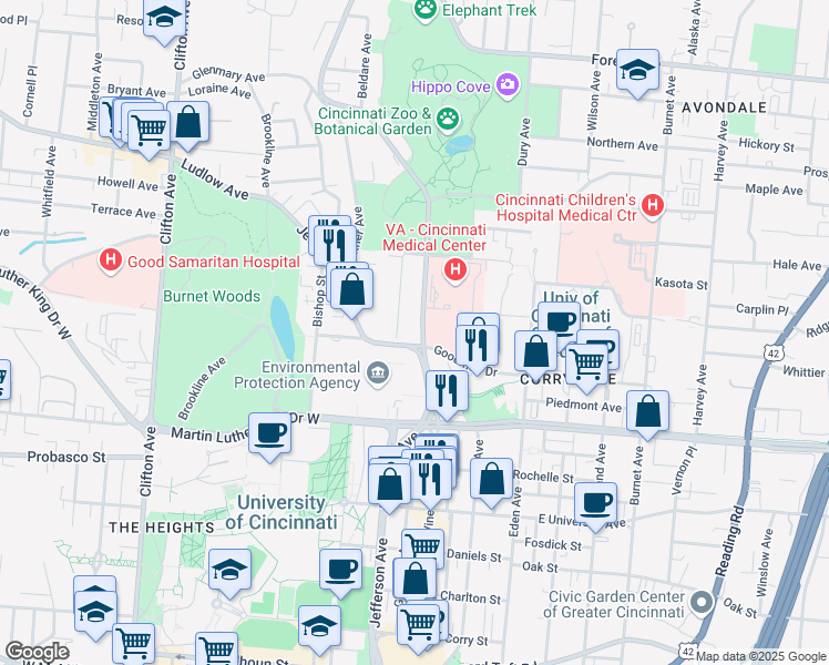 map of restaurants, bars, coffee shops, grocery stores, and more near 3201 Vine Street in Cincinnati