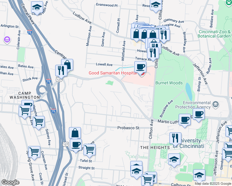 map of restaurants, bars, coffee shops, grocery stores, and more near 3124 Riddle View Lane in Cincinnati