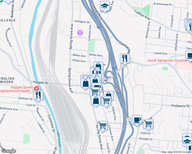 map of restaurants, bars, coffee shops, grocery stores, and more near in Cincinnati