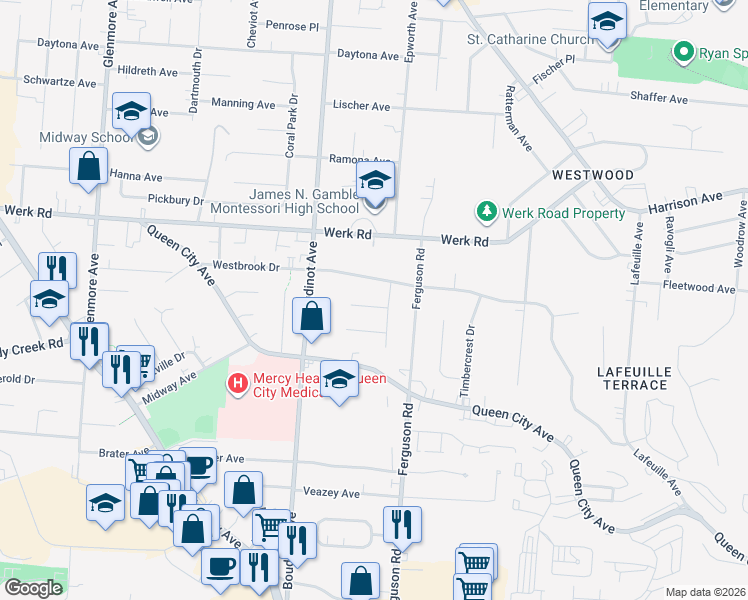 map of restaurants, bars, coffee shops, grocery stores, and more near 3005 Sandra Place in Cincinnati