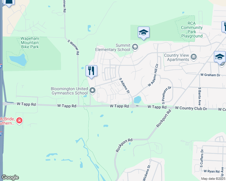 map of restaurants, bars, coffee shops, grocery stores, and more near South Adams Street in Bloomington